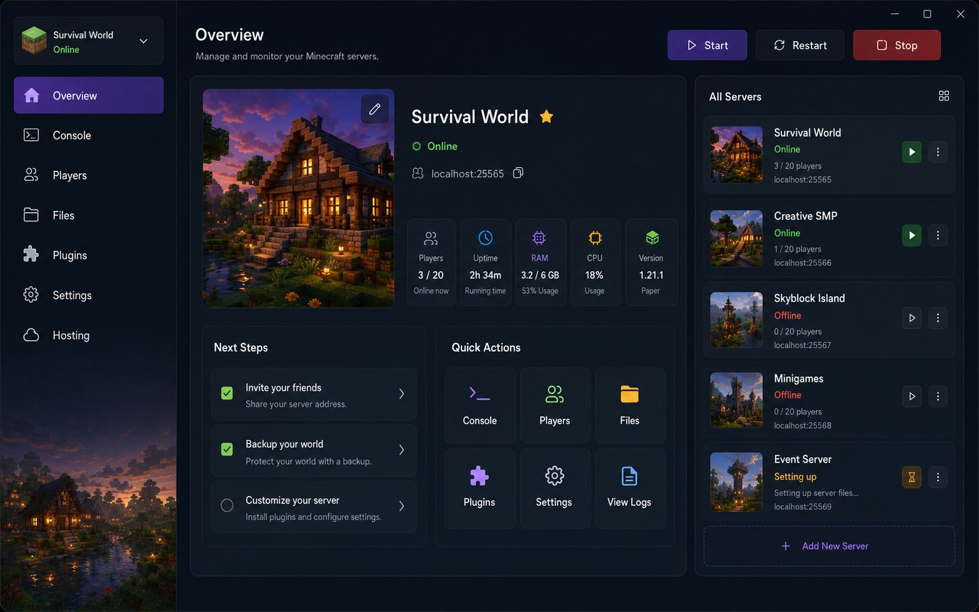 MineSlate server overview showing multiple Minecraft servers